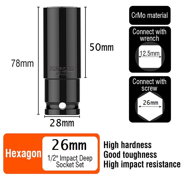 HARDEN 1/2" Drive Impact Deep Socket ( 8 | 10 | 11 | 12 | 13 | 14 | 15 | 16| 17 | 18 | 19| 20 | 21 | 22 | 23 | 24 | 25 | 26 | 27 | 28 mm ), Long Socket, 6PT; Model: 536538 to 536558_img_15