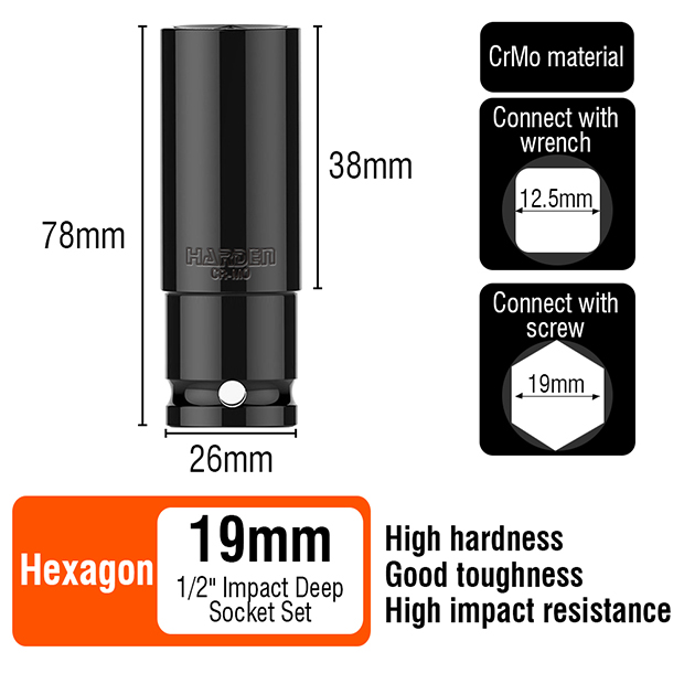 HARDEN 1/2" Drive Impact Deep Socket ( 8 | 10 | 11 | 12 | 13 | 14 | 15 | 16| 17 | 18 | 19| 20 | 21 | 22 | 23 | 24 | 25 | 26 | 27 | 28 mm ), Long Socket, 6PT; Model: 536538 to 536558_img_22