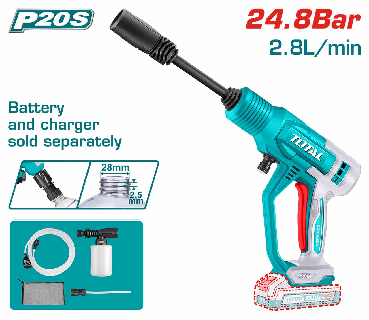 Total TPWLI2036 20V Cordless Pressure Washer, 24.8 bar, Car Washer without Battery & Charger; Moden: TPWLI2036_img_1