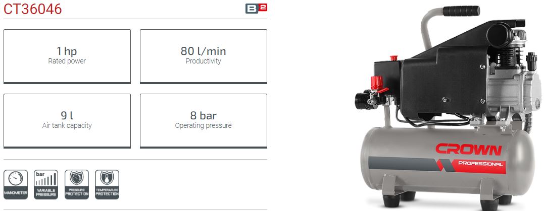 CROWN CT36046 9L Air Compressor, 1HP/746w, 8bar, 80L/min; Model: CT36046_img_1