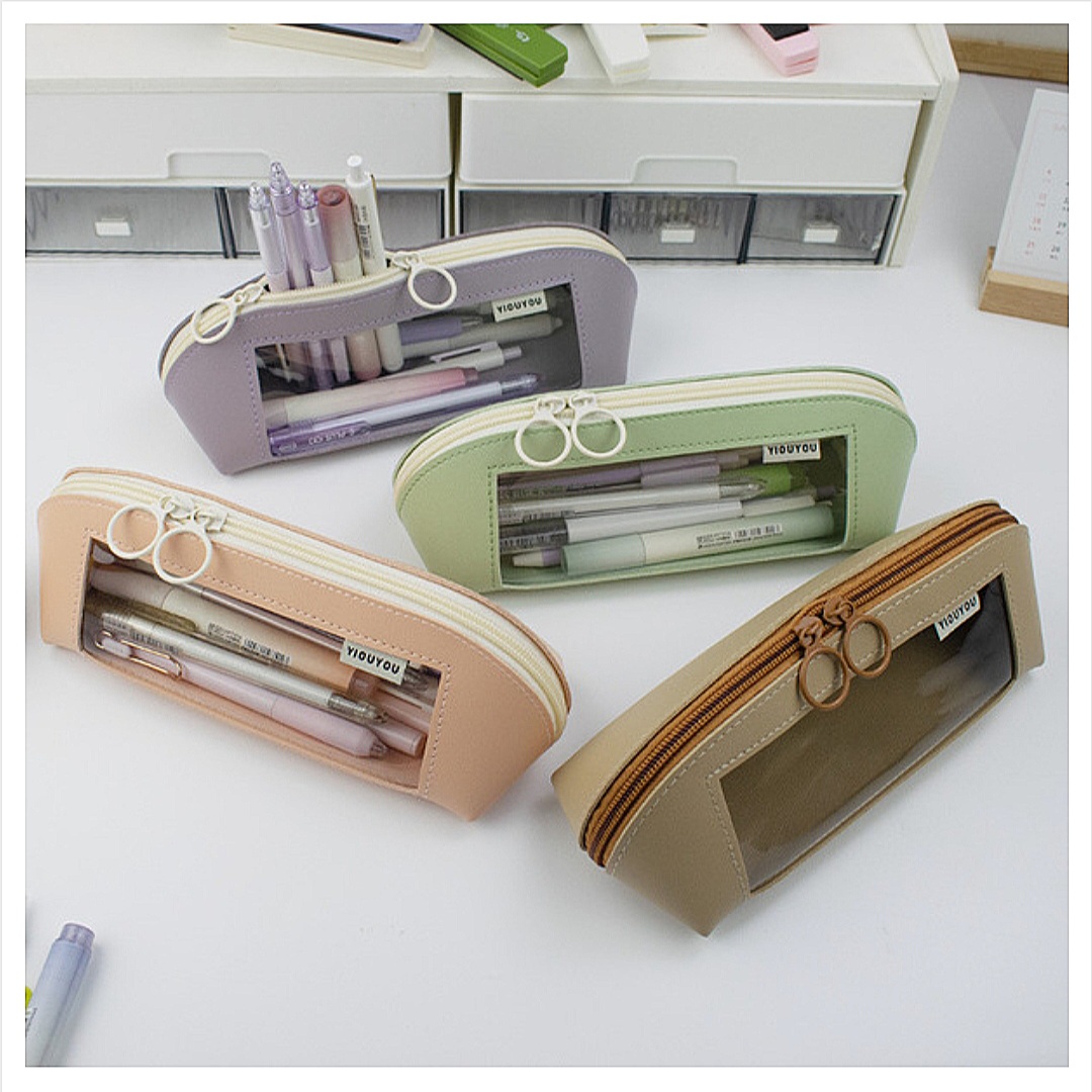 New Shell Morandi Color Leather Pencil Case Transparent Window Waterproof Large Capacity_img_0