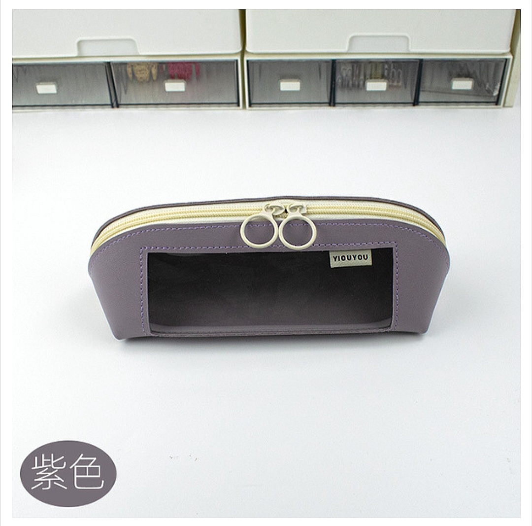 New Shell Morandi Color Leather Pencil Case Transparent Window Waterproof Large Capacity_img_2