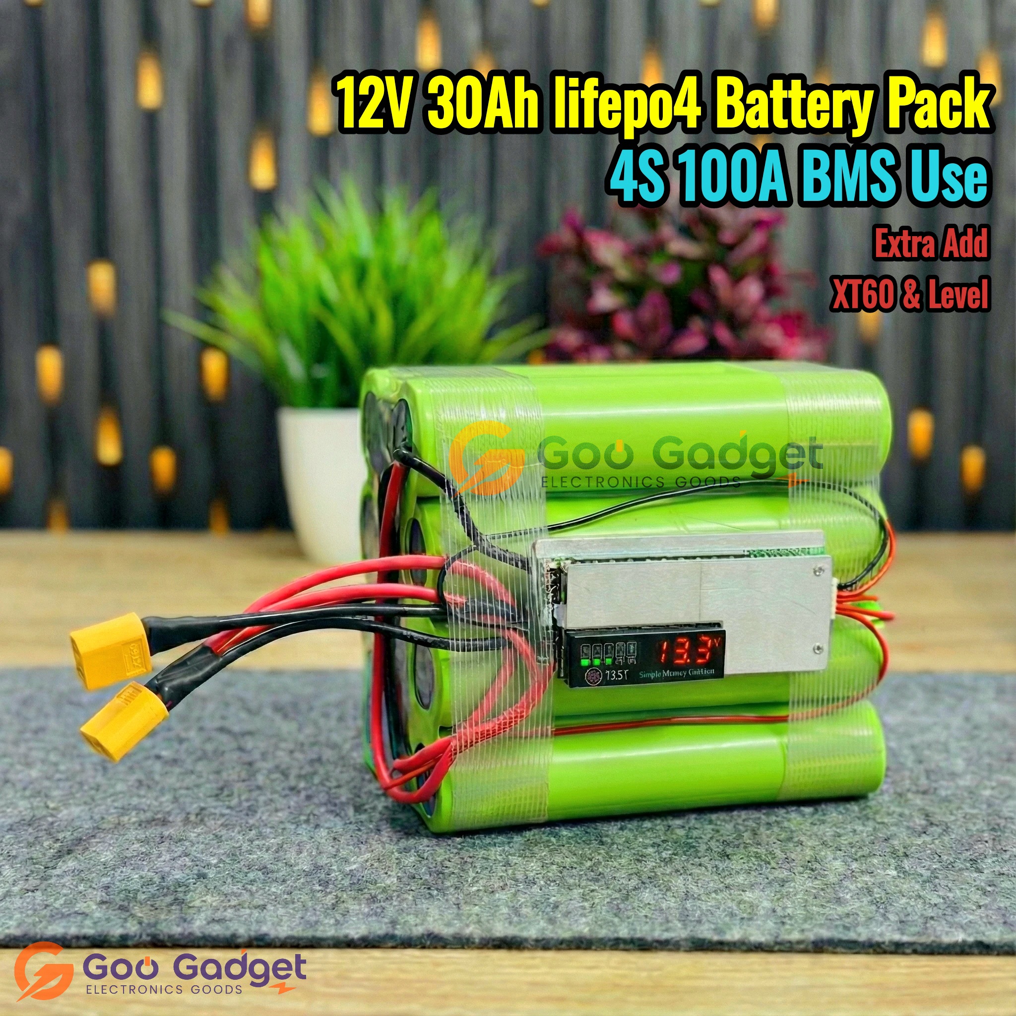 12.8V 30Ah LiFePO4 Battery Pack | 4S2P | 100A BMS | XT60 & Battery Level_img_0