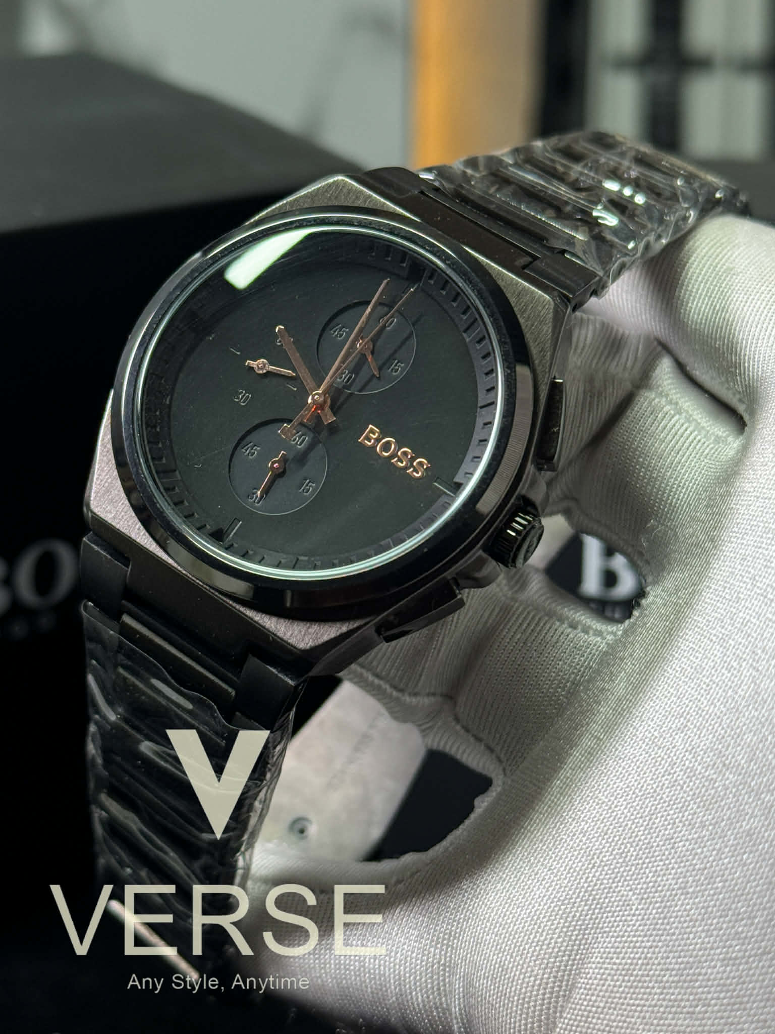 BOSS Steer Chronograph Black Stainless Steel Watch – Black Dial AA