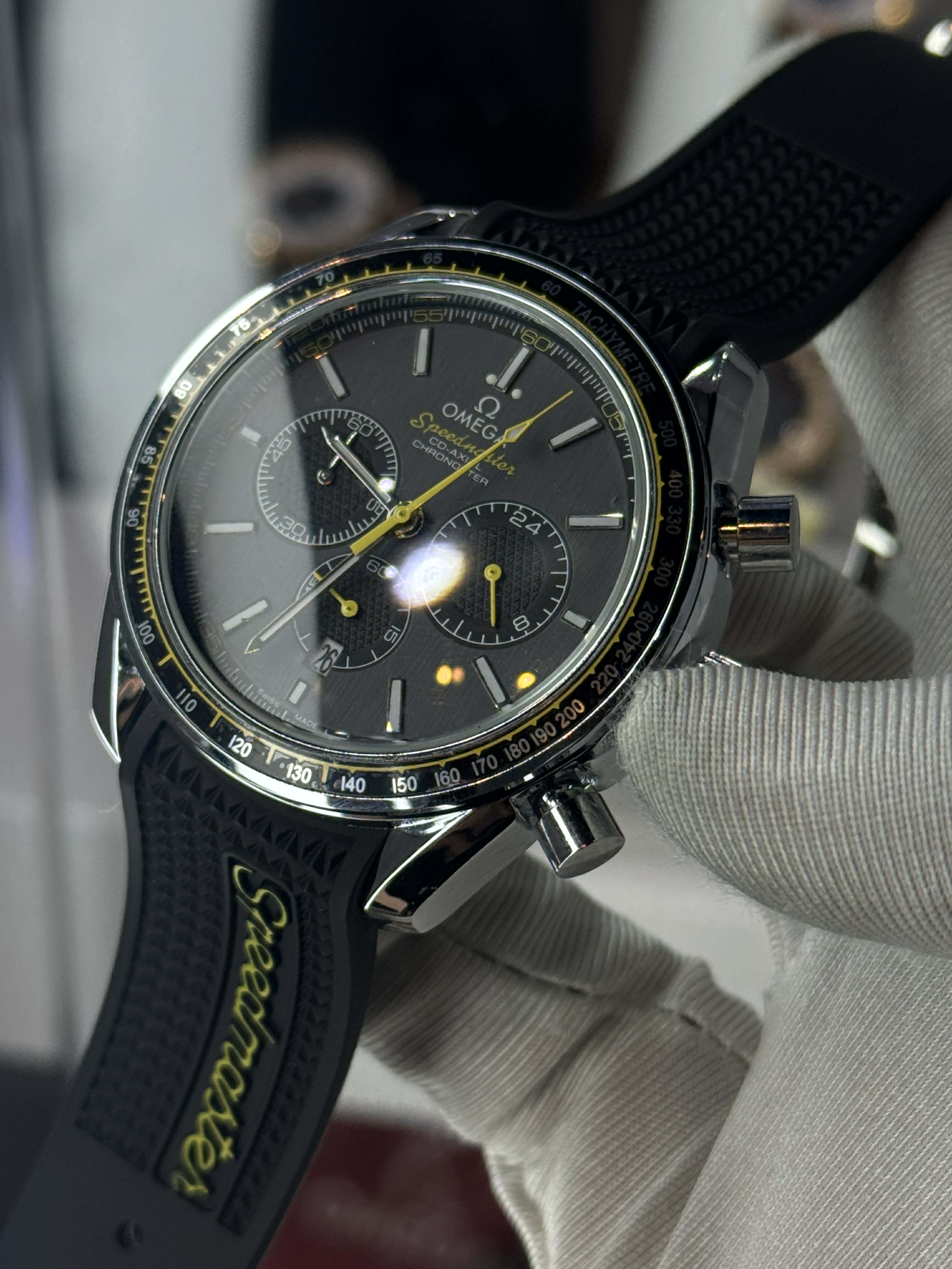 Omega Speedmaster Racing Chronograph Black Belt Grey Dial Yellow Accents AA
