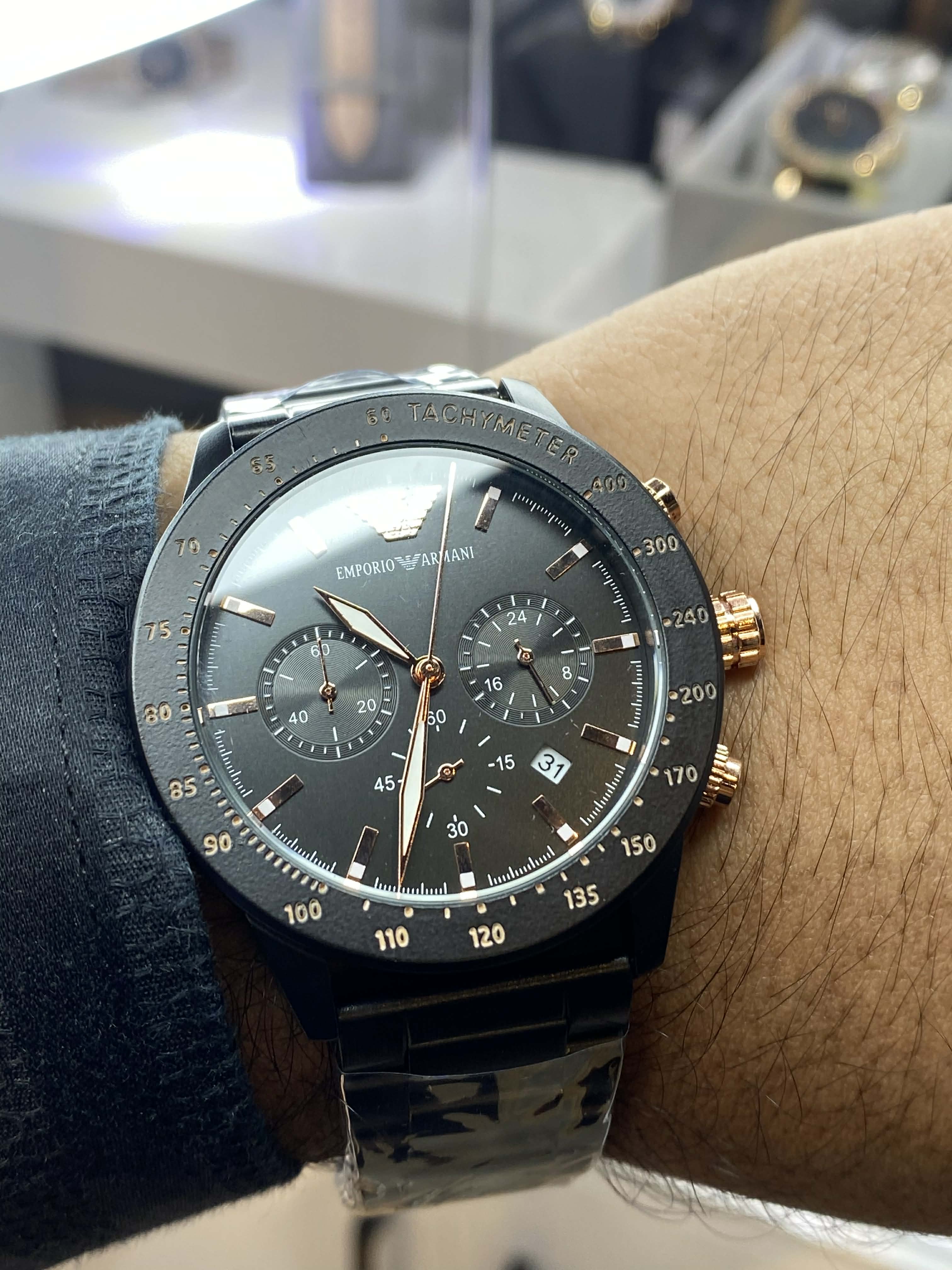 Armani Mario Chronograph Black Chain-Dial Rose Gold Accents AA