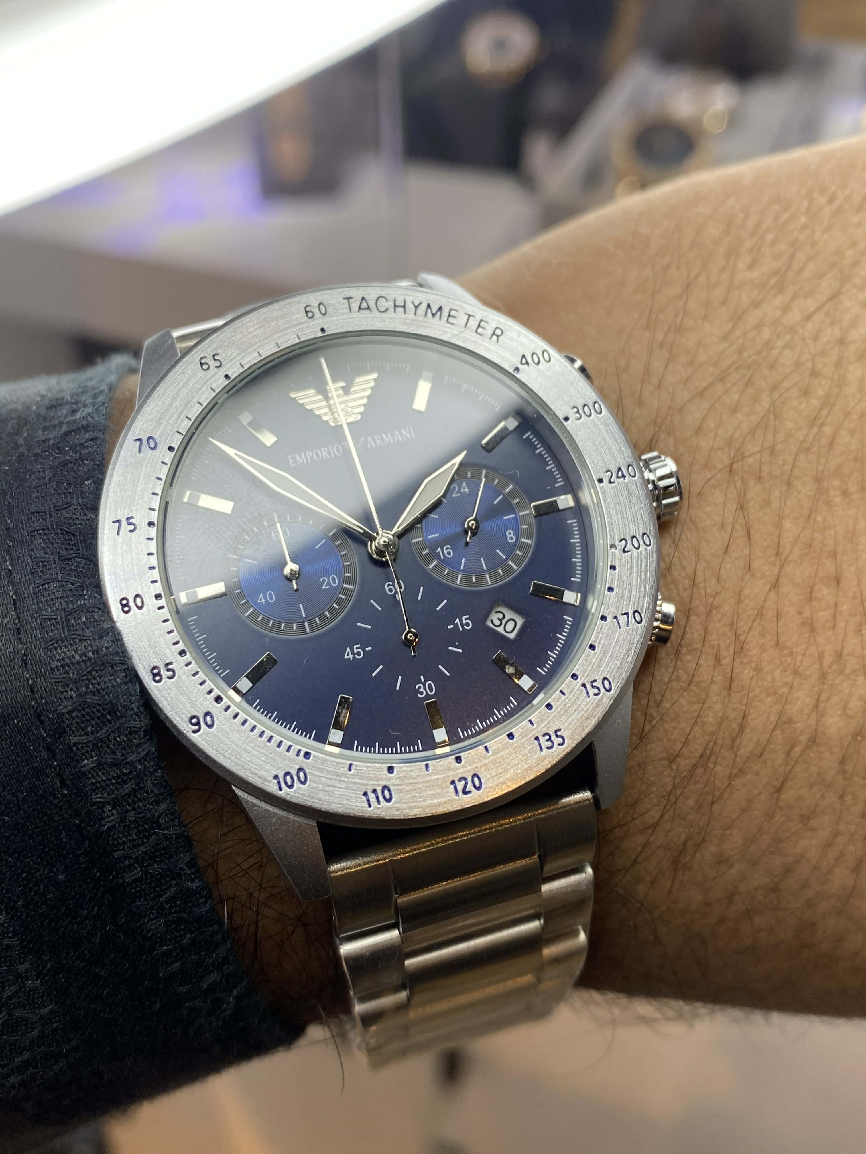 Armani Mario Chronograph Silver Chain Blue Dial AA