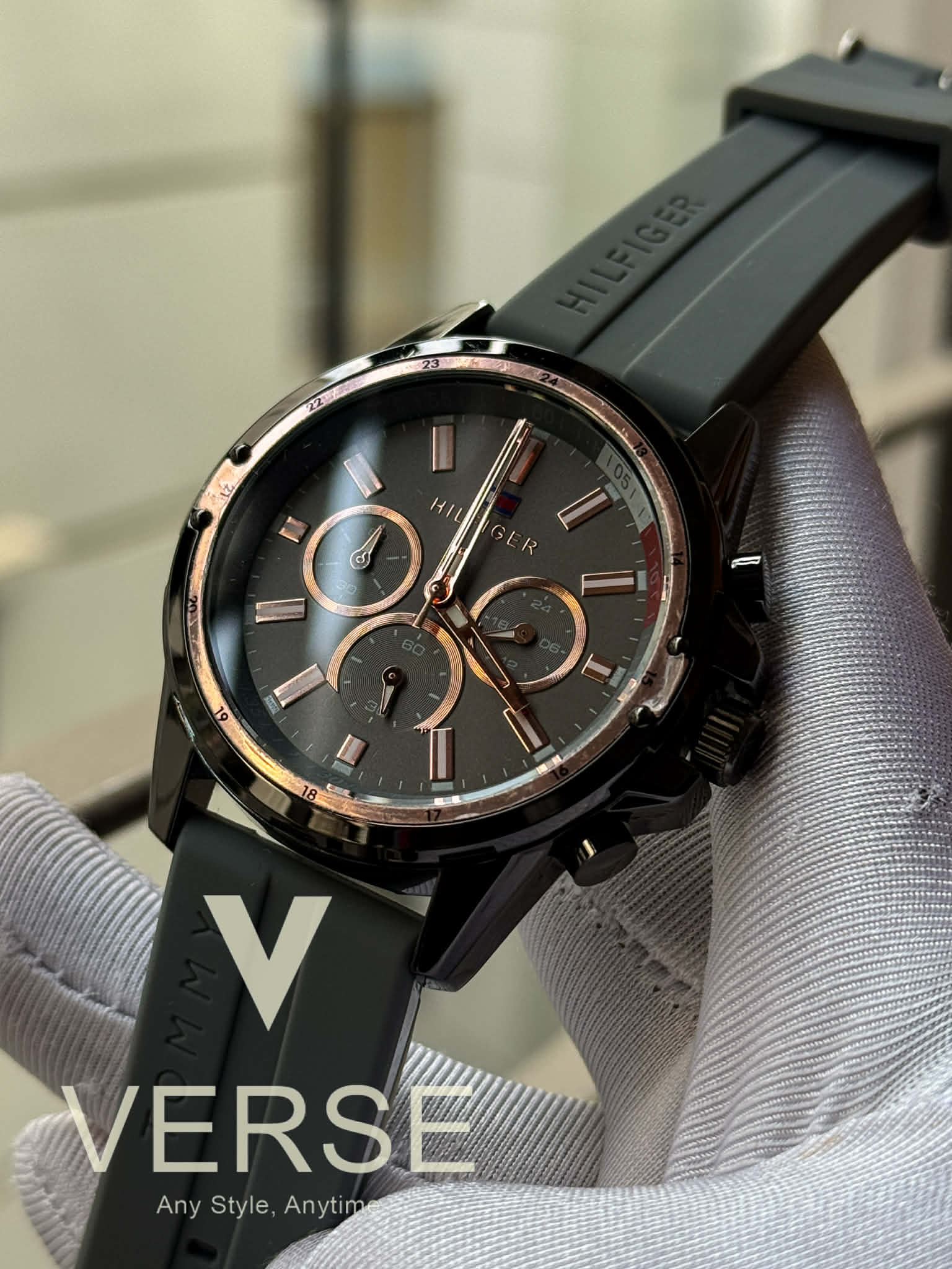 Tommy Hilfiger Mason Chronograph Grey Belt-Dial Rose Gold Accents AA | Free Brand Box Offer