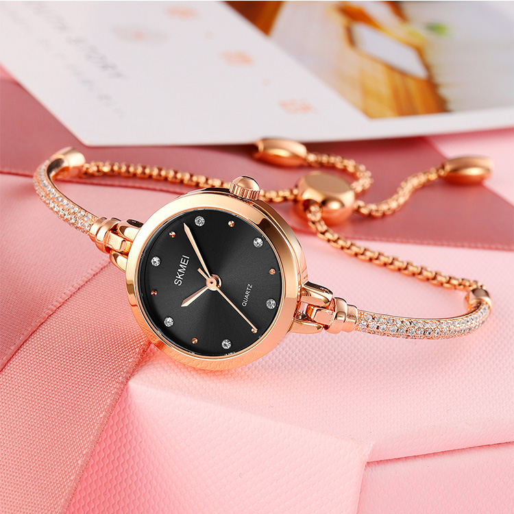 SKMEI 1805 Ladies Diamond Bracelet Watch - Black Dial- Rose Golden Bezel- Stone+Rose Golden Chain- TF Code SK856CF_img_1