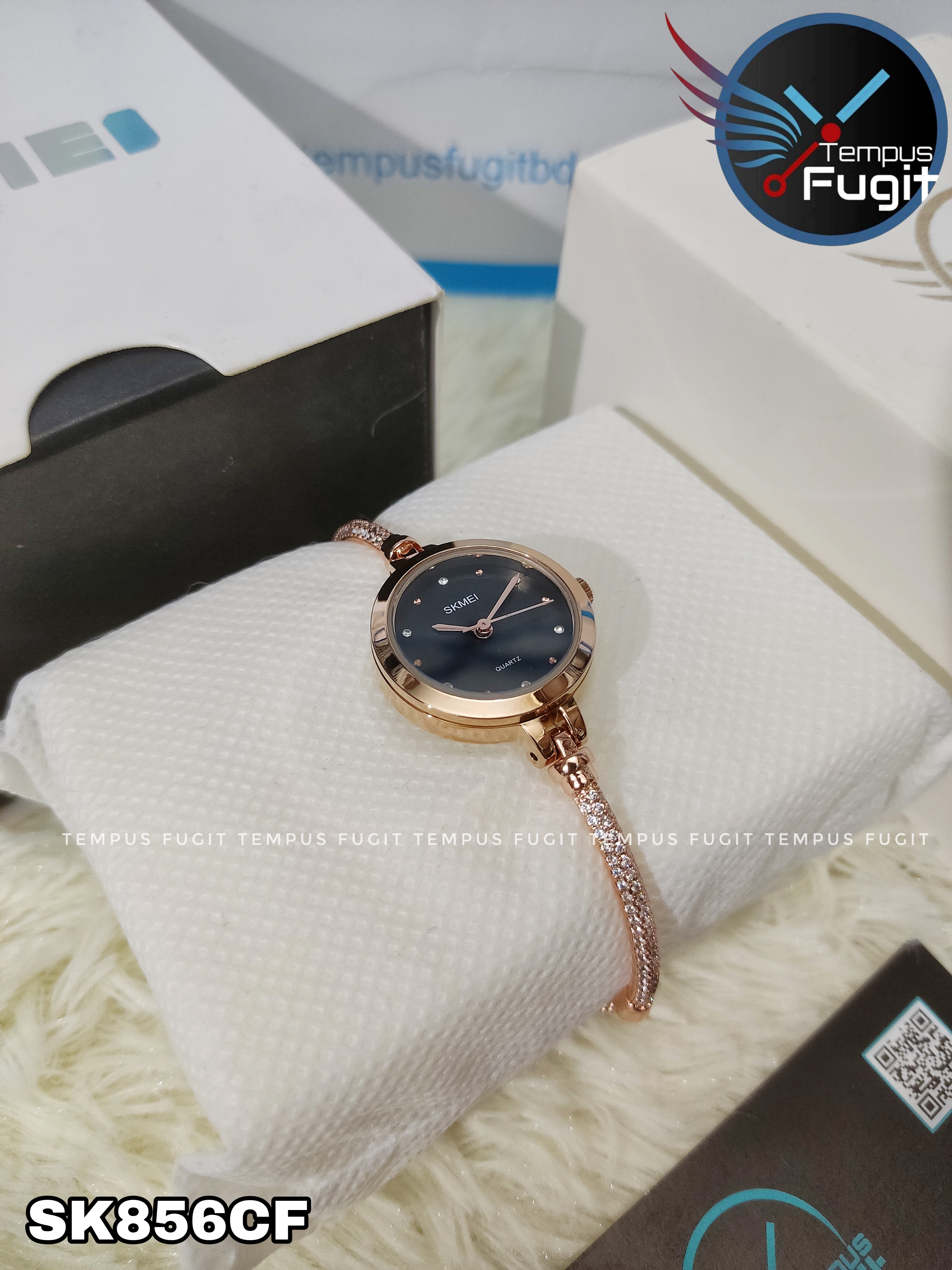 SKMEI 1805 Ladies Diamond Bracelet Watch - Black Dial- Rose Golden Bezel- Stone+Rose Golden Chain- TF Code SK856CF_img_9