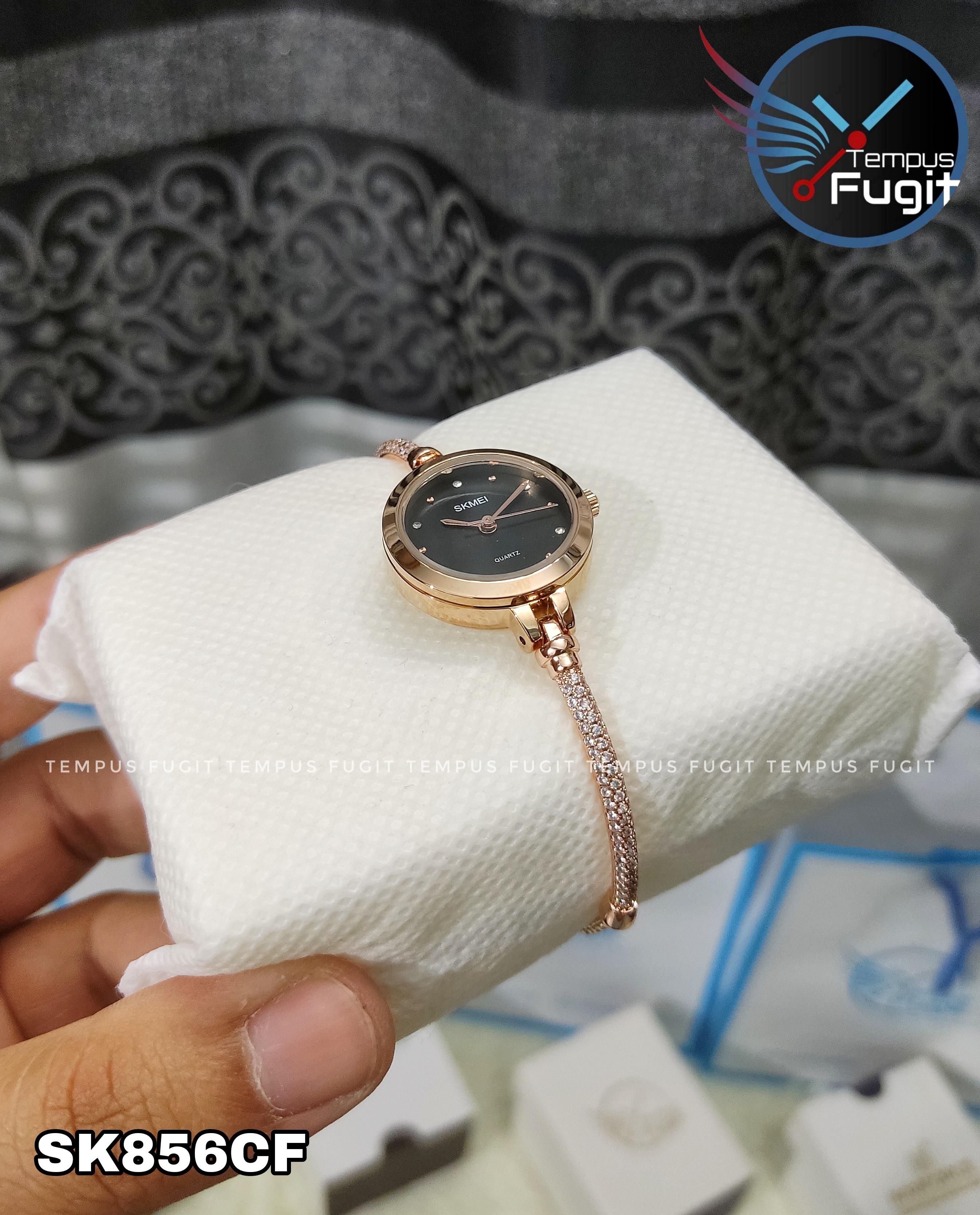 SKMEI 1805 Ladies Diamond Bracelet Watch - Black Dial- Rose Golden Bezel- Stone+Rose Golden Chain- TF Code SK856CF_img_8