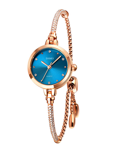 SKMEI 1805 Ladies Diamond Bracelet Watch - Blue Dial- Rose Golden Bezel- Stone+Rose Golden Chain- TF Code SK381CF