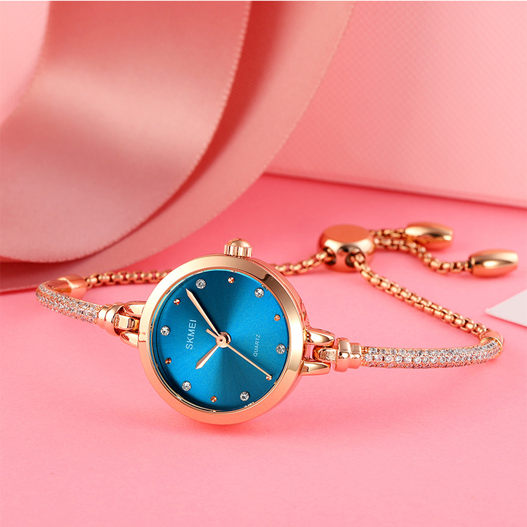 SKMEI 1805 Ladies Diamond Bracelet Watch - Blue Dial- Rose Golden Bezel- Stone+Rose Golden Chain- TF Code SK381CF_img_1