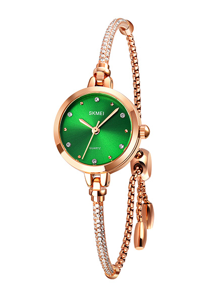 SKMEI 1805 Ladies Diamond Bracelet Watch - Green Dial- Rose Golden Bezel- Stone+Rose Golden Chain- TF Code SK382CF_img_0