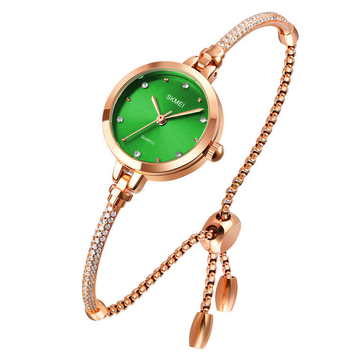 SKMEI 1805 Ladies Diamond Bracelet Watch - Green Dial- Rose Golden Bezel- Stone+Rose Golden Chain- TF Code SK382CF_img_1