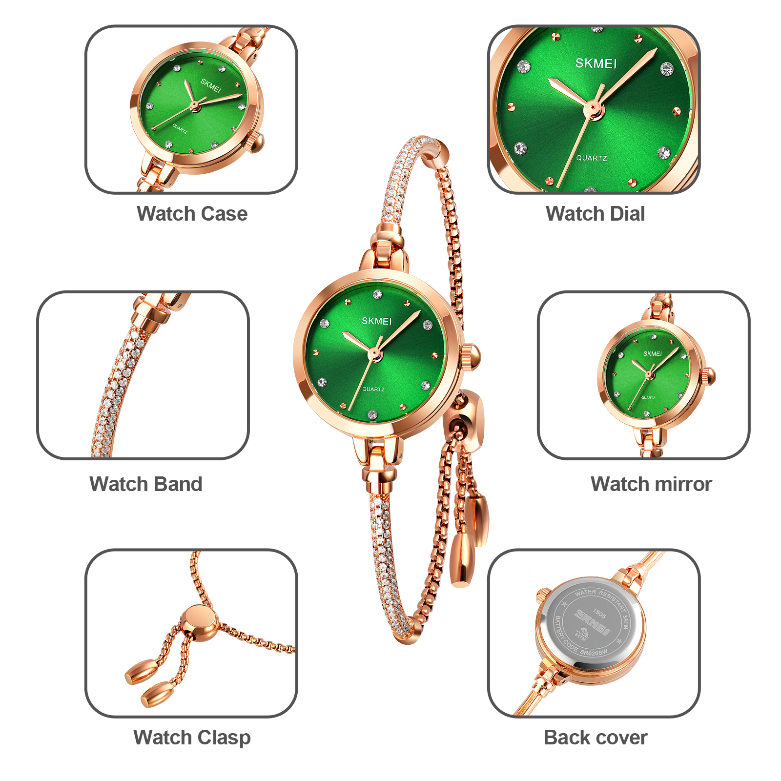 SKMEI 1805 Ladies Diamond Bracelet Watch - Green Dial- Rose Golden Bezel- Stone+Rose Golden Chain- TF Code SK382CF_img_3