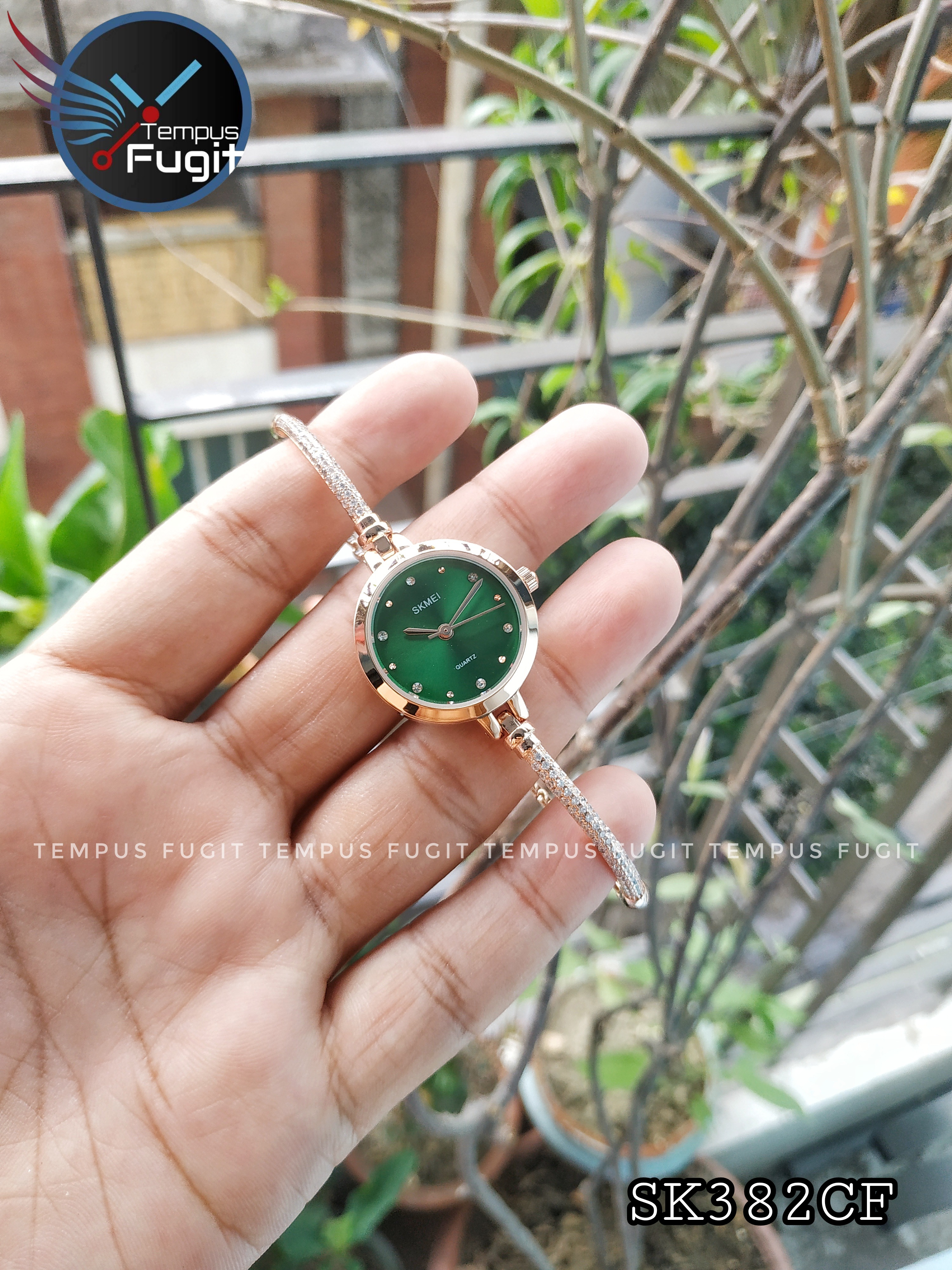 SKMEI 1805 Ladies Diamond Bracelet Watch - Green Dial- Rose Golden Bezel- Stone+Rose Golden Chain- TF Code SK382CF_img_8