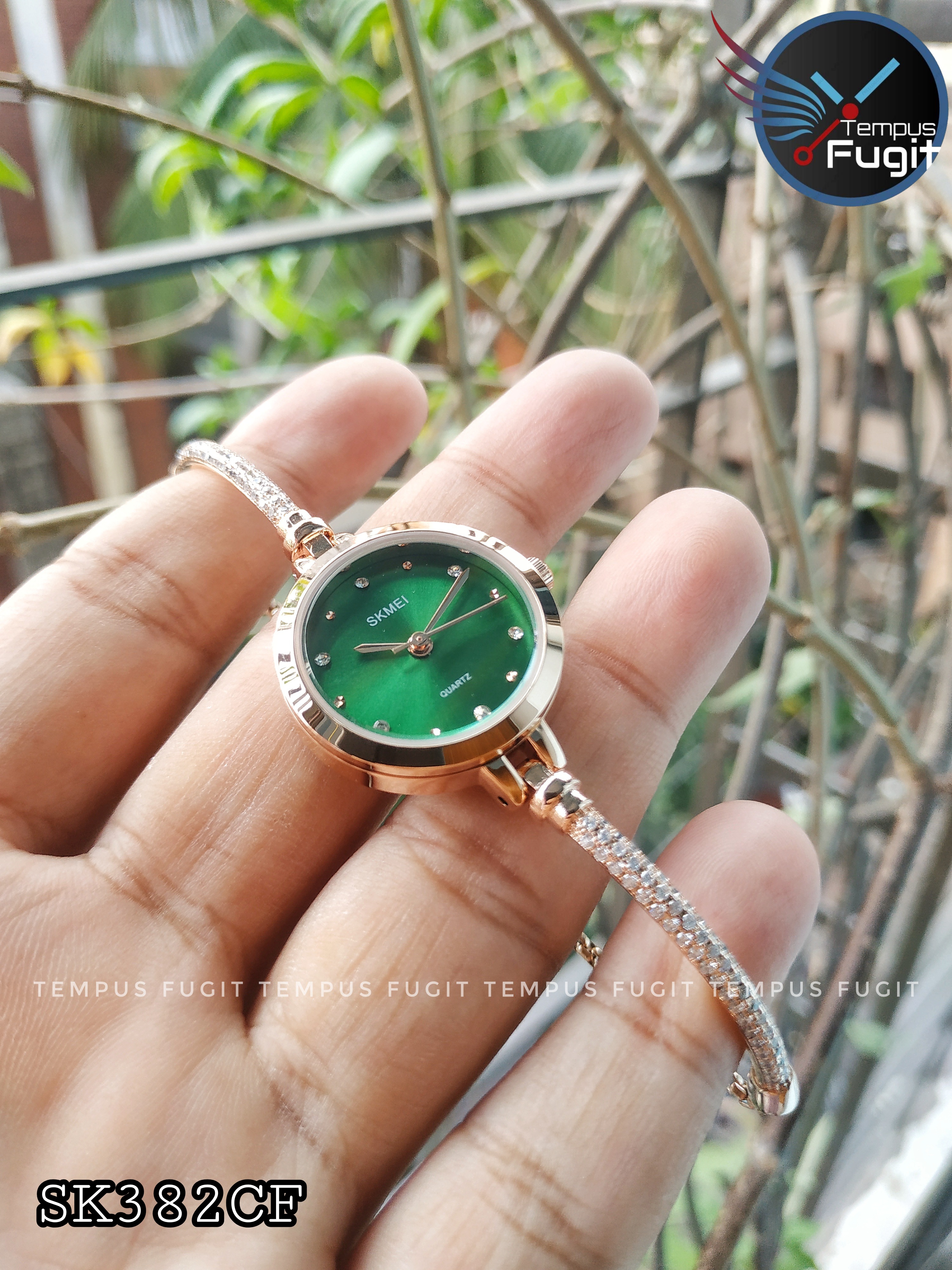 SKMEI 1805 Ladies Diamond Bracelet Watch - Green Dial- Rose Golden Bezel- Stone+Rose Golden Chain- TF Code SK382CF_img_9