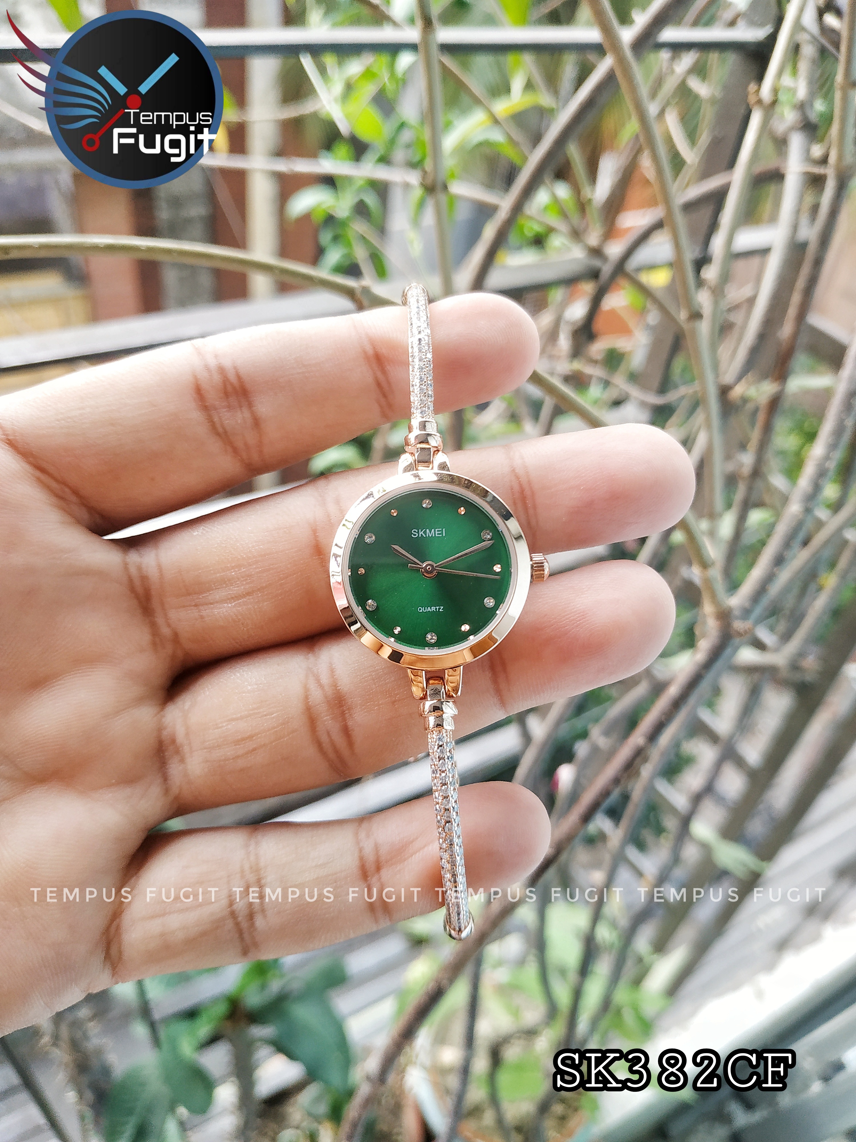 SKMEI 1805 Ladies Diamond Bracelet Watch - Green Dial- Rose Golden Bezel- Stone+Rose Golden Chain- TF Code SK382CF_img_10