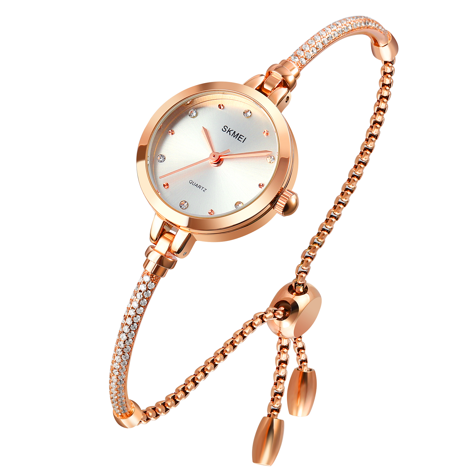 SKMEI 1805 Ladies Diamond Bracelet Watch - Silver Dial- Rose Golden Bezel- Stone+Rose Golden Chain- TF Code SK414CF_img_1