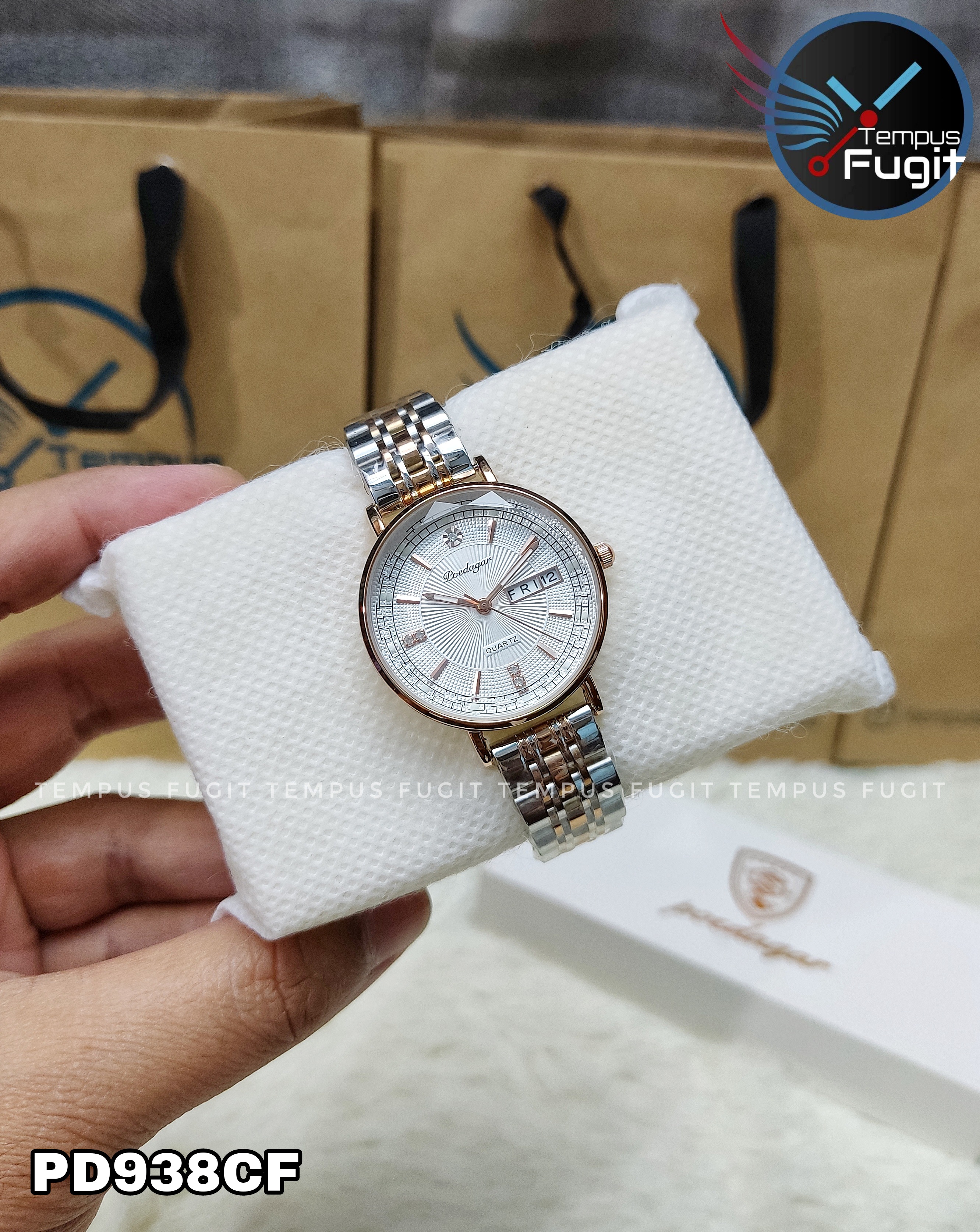 Poedagar 3013 Ladies Chain Watch- Silver Dial- Rose Golden Bezel- Silver+Rose Golden Chain- TF Code PD938CF_img_2