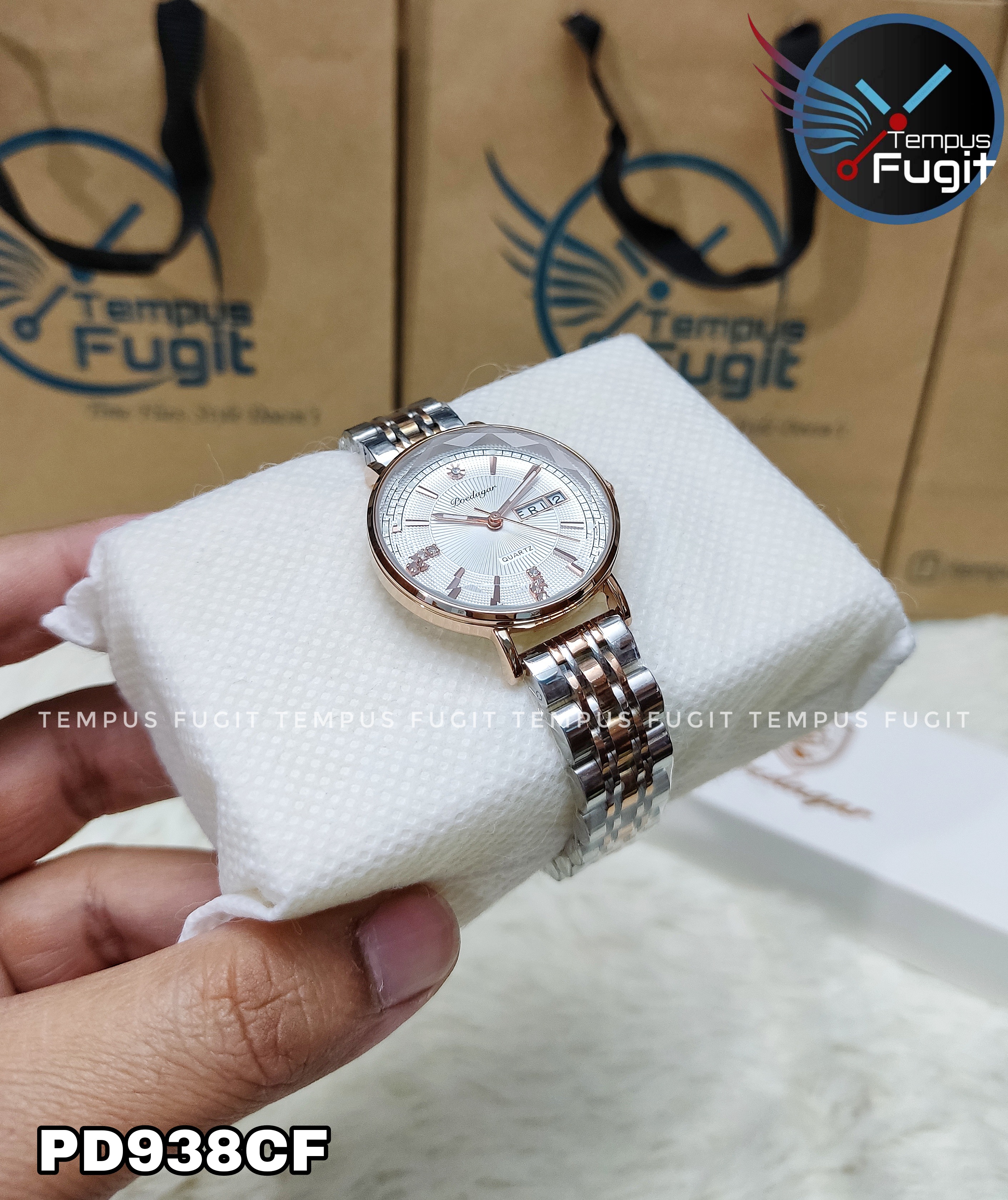 Poedagar 3013 Ladies Chain Watch- Silver Dial- Rose Golden Bezel- Silver+Rose Golden Chain- TF Code PD938CF_img_3