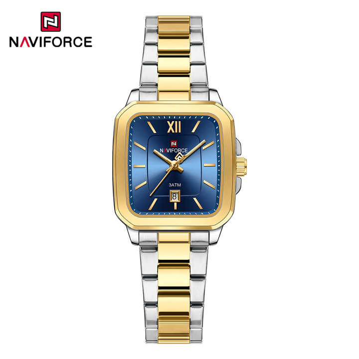 Naviforce 9239 Ladies Chain Watch- Blue Dial- Golden Bezel- Silver+Rose Golden Chain- TF Code NF934CF_img_0