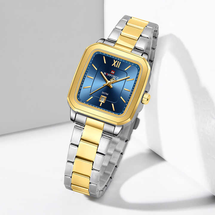 Naviforce 9239 Ladies Chain Watch- Blue Dial- Golden Bezel- Silver+Rose Golden Chain- TF Code NF934CF_img_1