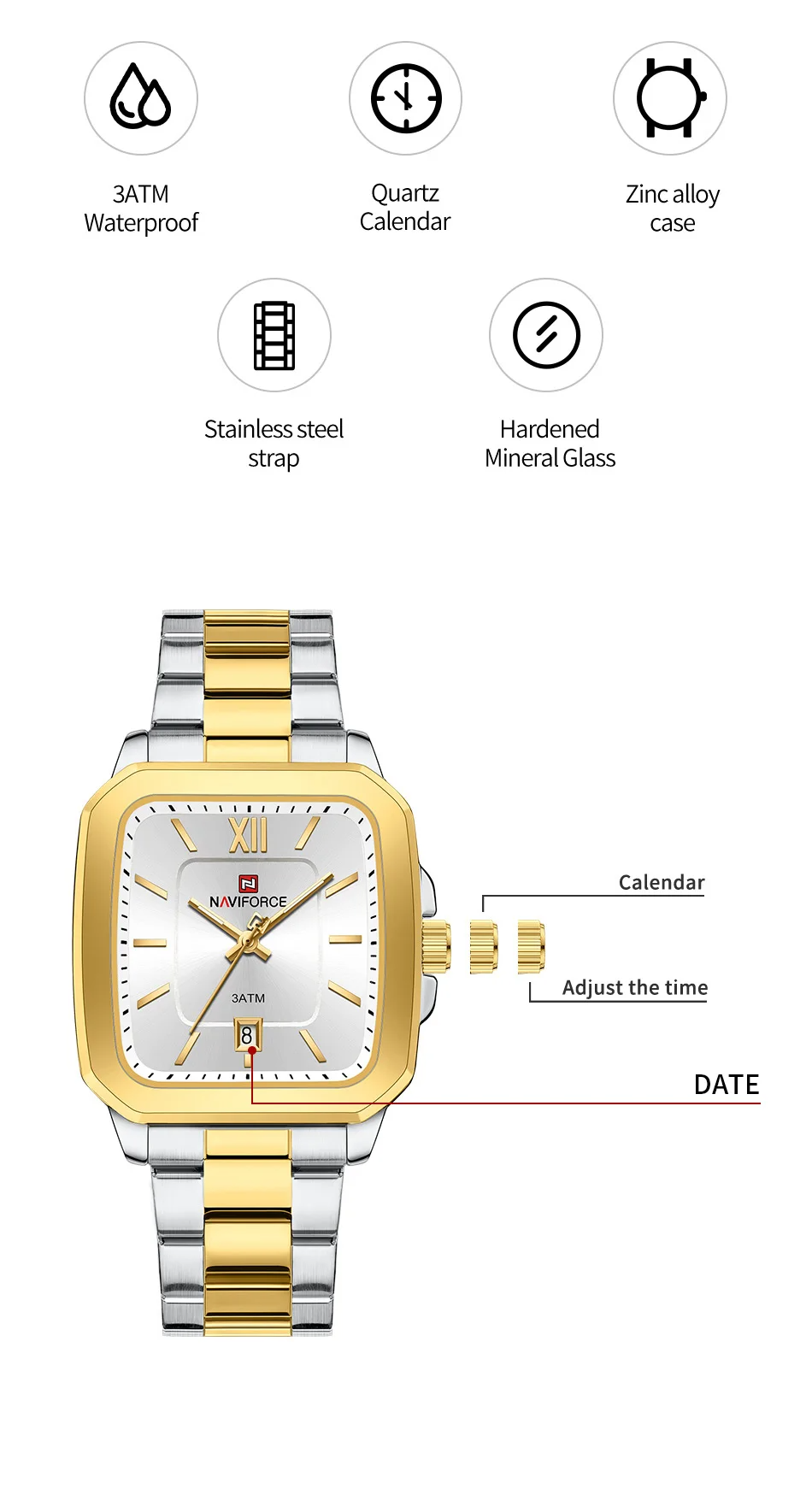 Naviforce 9239 Ladies Chain Watch- Silver Dial- Golden Bezel- Silver+ Golden Chain- TF Code NF932CF_img_5