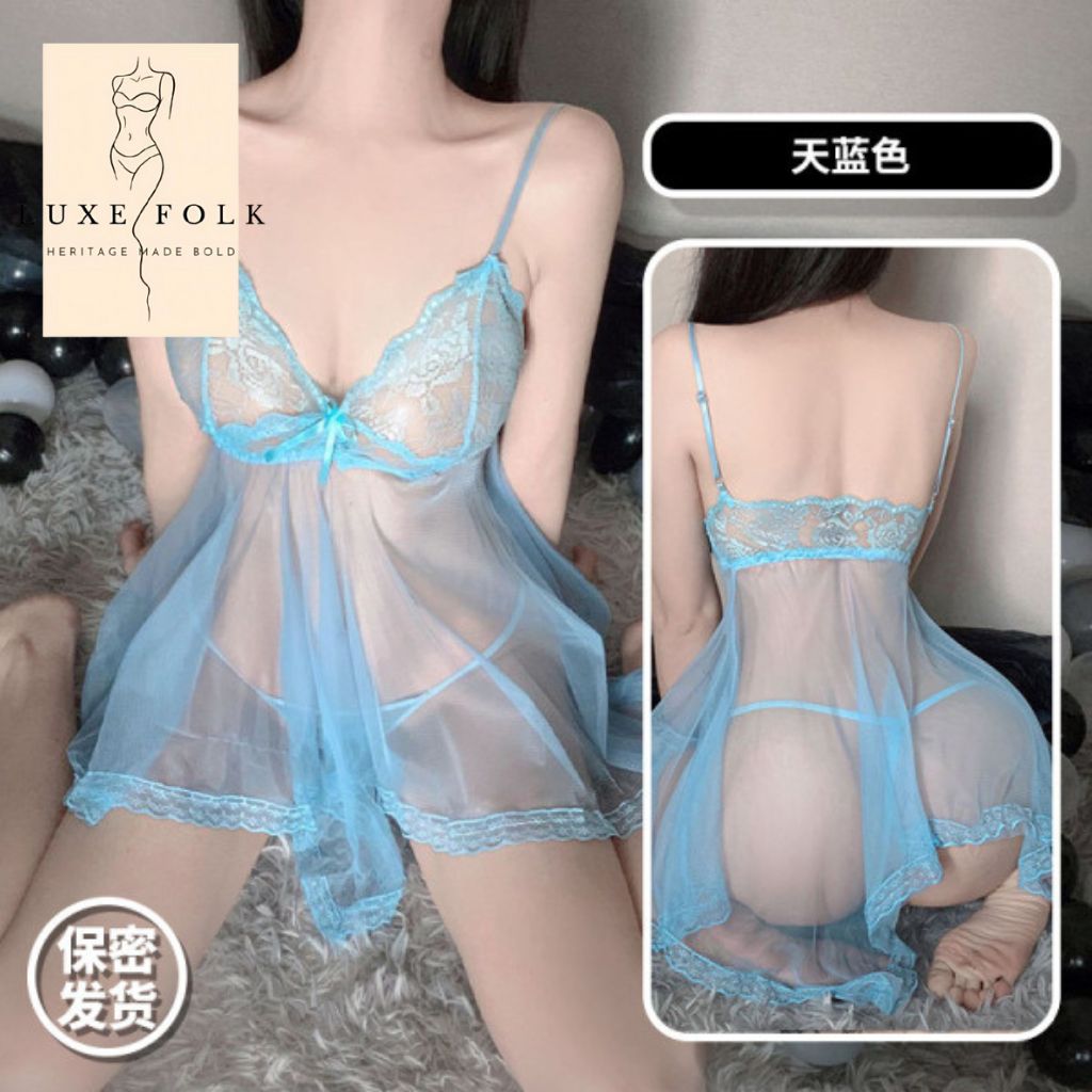 Sexy Mesh Lace Nightdress Pajama Set for Women – Perspective Lingerie Sling Sleepwear (Free Size)_img_2