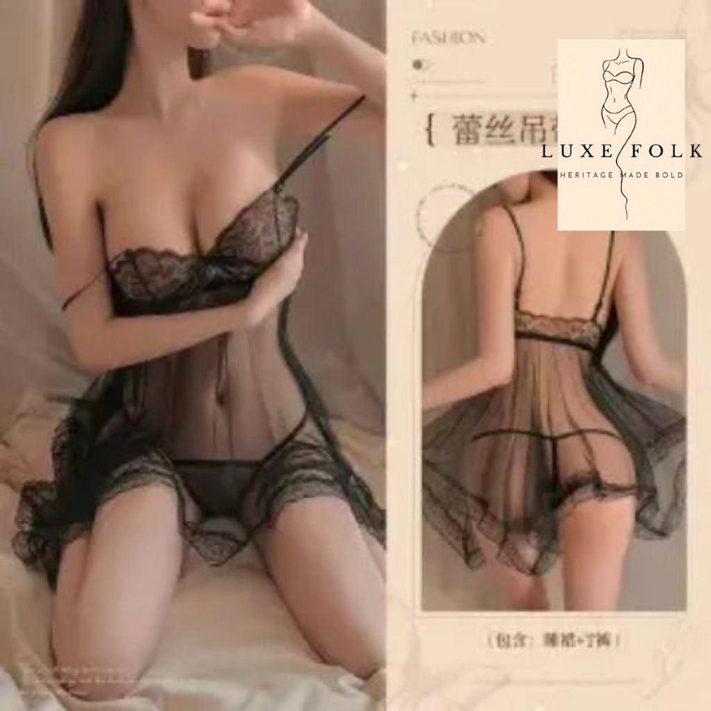 Sexy Mesh Lace Nightdress Pajama Set for Women – Perspective Lingerie Sling Sleepwear (Free Size)