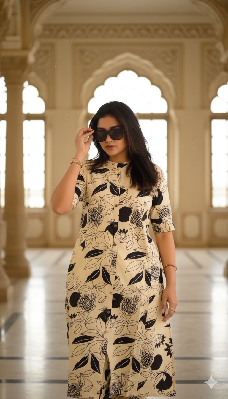 White Kurta With Black Floral Print - Image 4