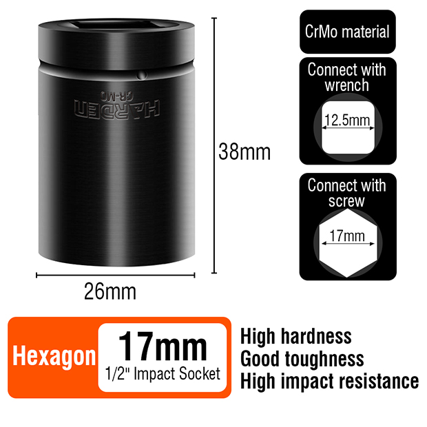 HARDEN Impact Short Socket 1/2" Drive ( 8 | 9 | 10 | 11 | 12 | 13 | 14 | 15 | 16 | 17 | 18 | 19 | 21 | 22 | 23 | 24 | 27 | 30 | 32 mm ), Short Socket, 6PT; Model: 536508 to 536532_img_21