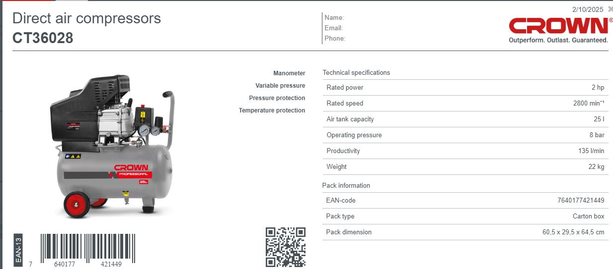 CROWN CT36028,25L Professional Direct Air Compressor,1.49KW, 135L/min, 8Bar; Model: CT36028_img_1