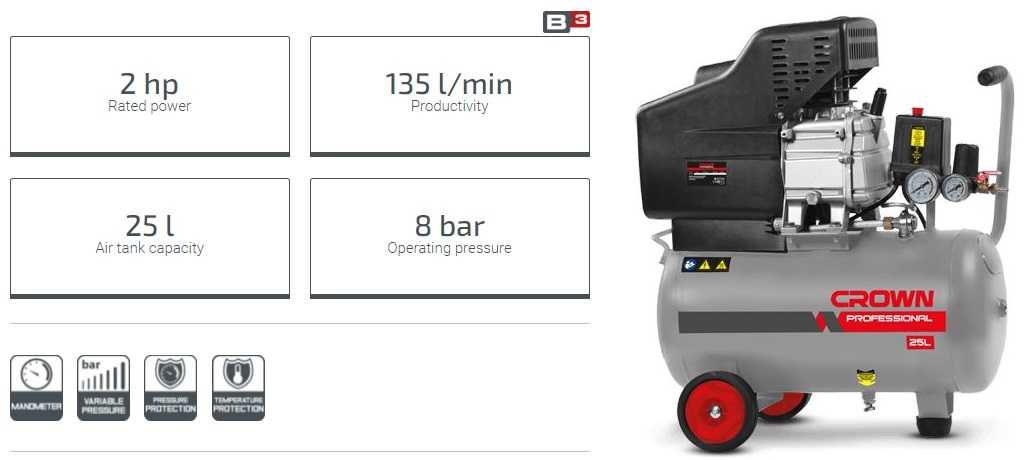 CROWN CT36028,25L Professional Direct Air Compressor,1.49KW, 135L/min, 8Bar; Model: CT36028_img_2