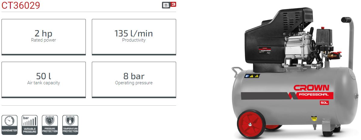 CROWN CT36029 50L Professional Direct Air Compressor, 1.49KW, 135L/min, 8Bar; Brand: CT36029_img_1