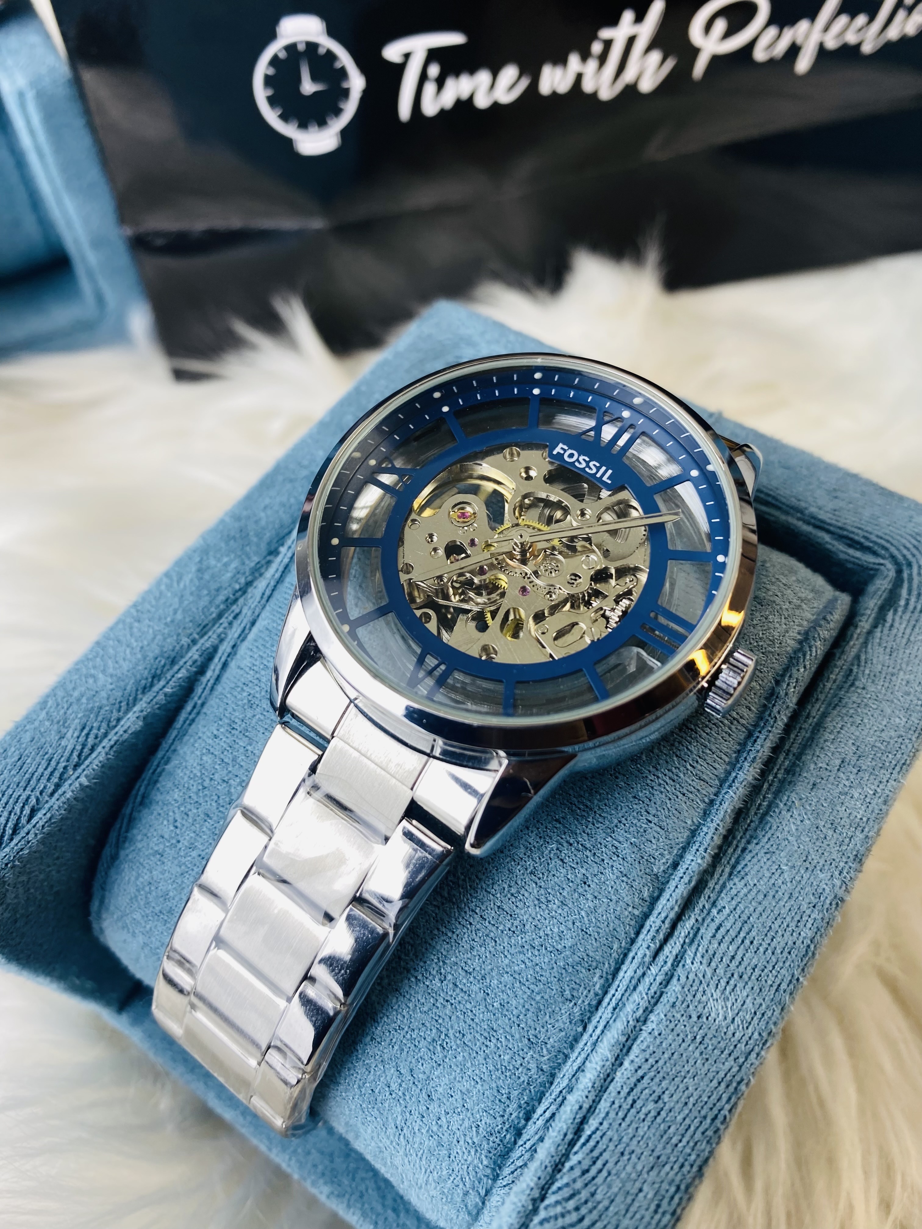 FOSSIL AUTOMATIC SKELETON SILVER CHAIN UPER BLUE_img_1