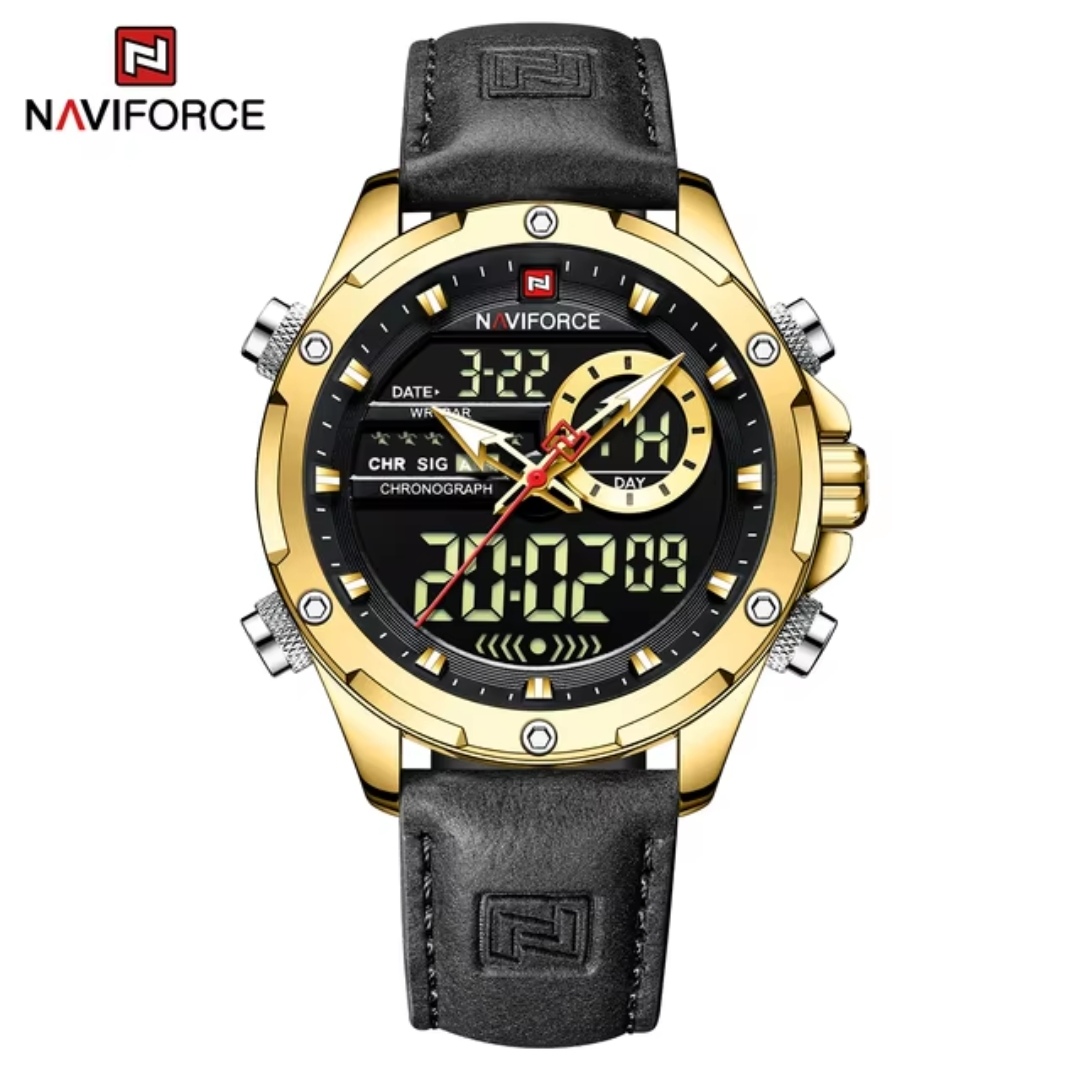 Naviforce 9208 Two Time Gents Belt Watch- Black Dial- Golden Bezel- Black Belt- TF Code NF930BM