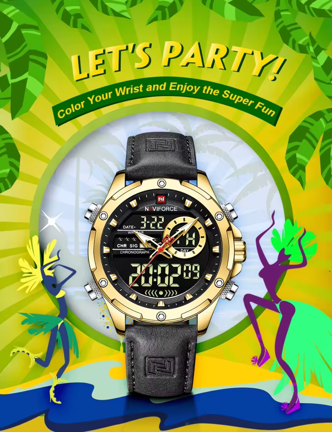 Naviforce 9208 Two Time Gents Belt Watch- Black Dial- Golden Bezel- Black Belt- TF Code NF930BM_img_1