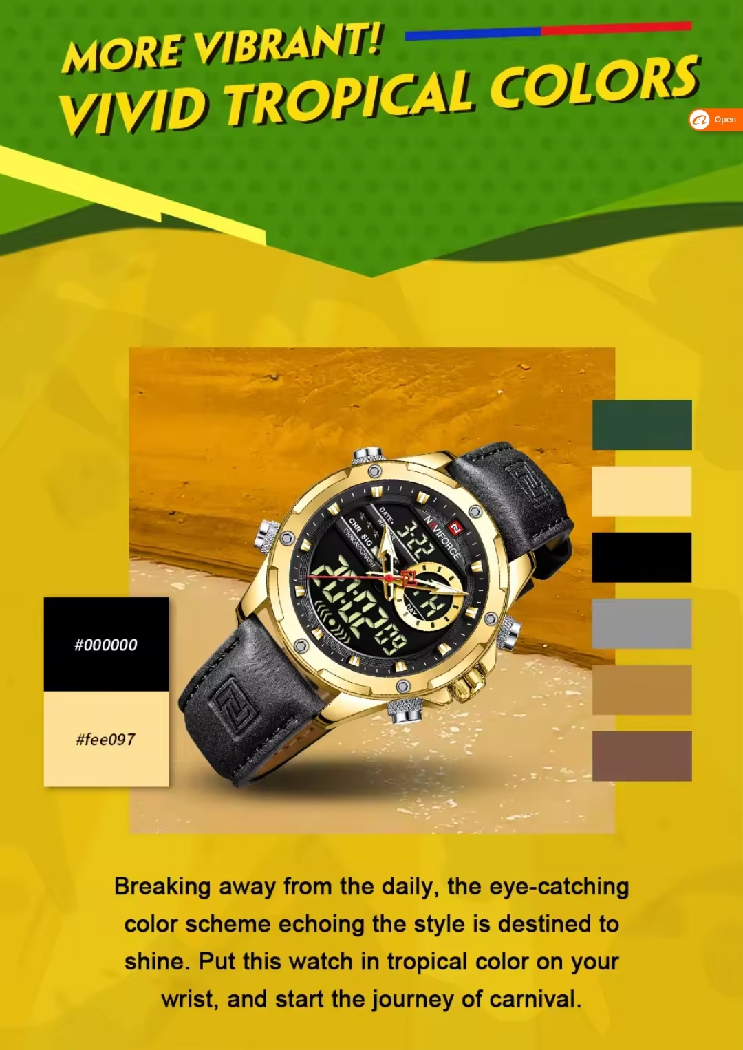 Naviforce 9208 Two Time Gents Belt Watch- Black Dial- Golden Bezel- Black Belt- TF Code NF930BM_img_2