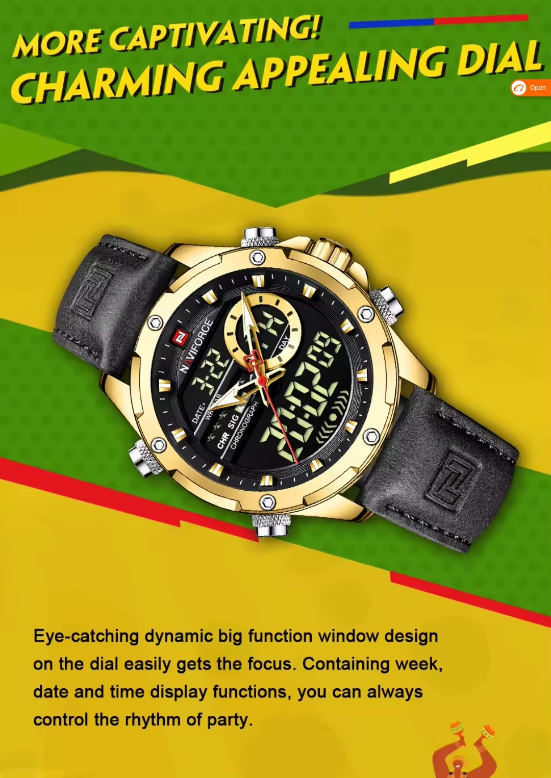 Naviforce 9208 Two Time Gents Belt Watch- Black Dial- Golden Bezel- Black Belt- TF Code NF930BM_img_3