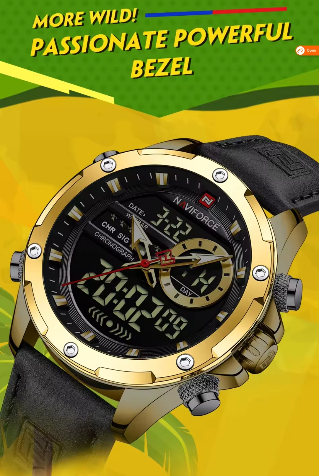 Naviforce 9208 Two Time Gents Belt Watch- Black Dial- Golden Bezel- Black Belt- TF Code NF930BM_img_4