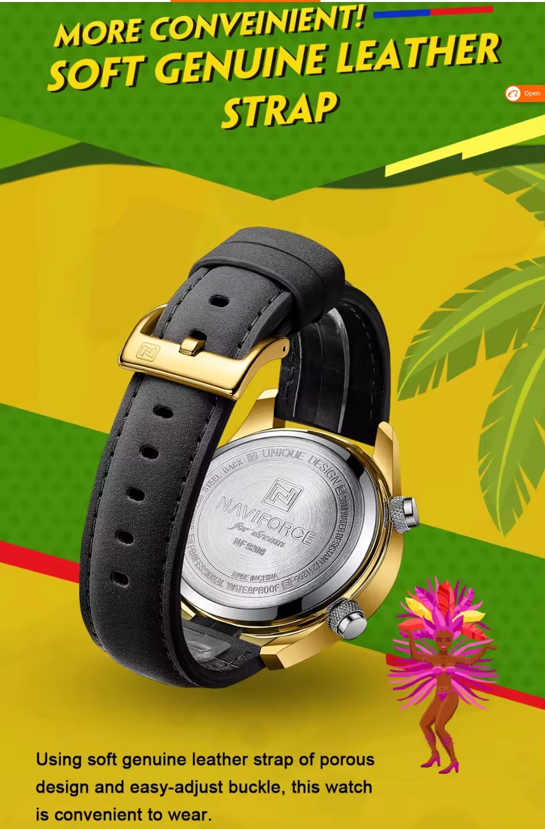 Naviforce 9208 Two Time Gents Belt Watch- Black Dial- Golden Bezel- Black Belt- TF Code NF930BM_img_5