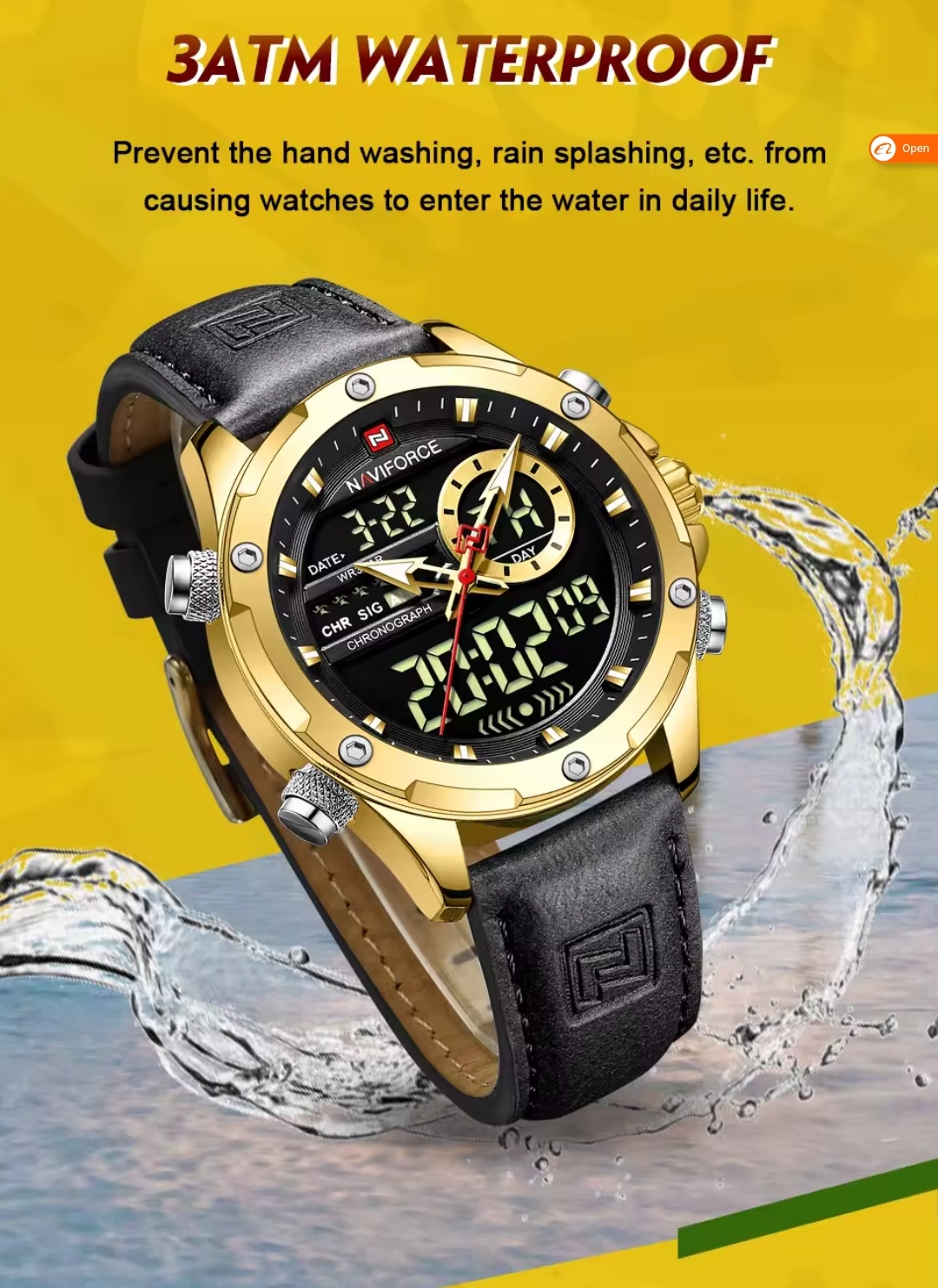 Naviforce 9208 Two Time Gents Belt Watch- Black Dial- Golden Bezel- Black Belt- TF Code NF930BM_img_6