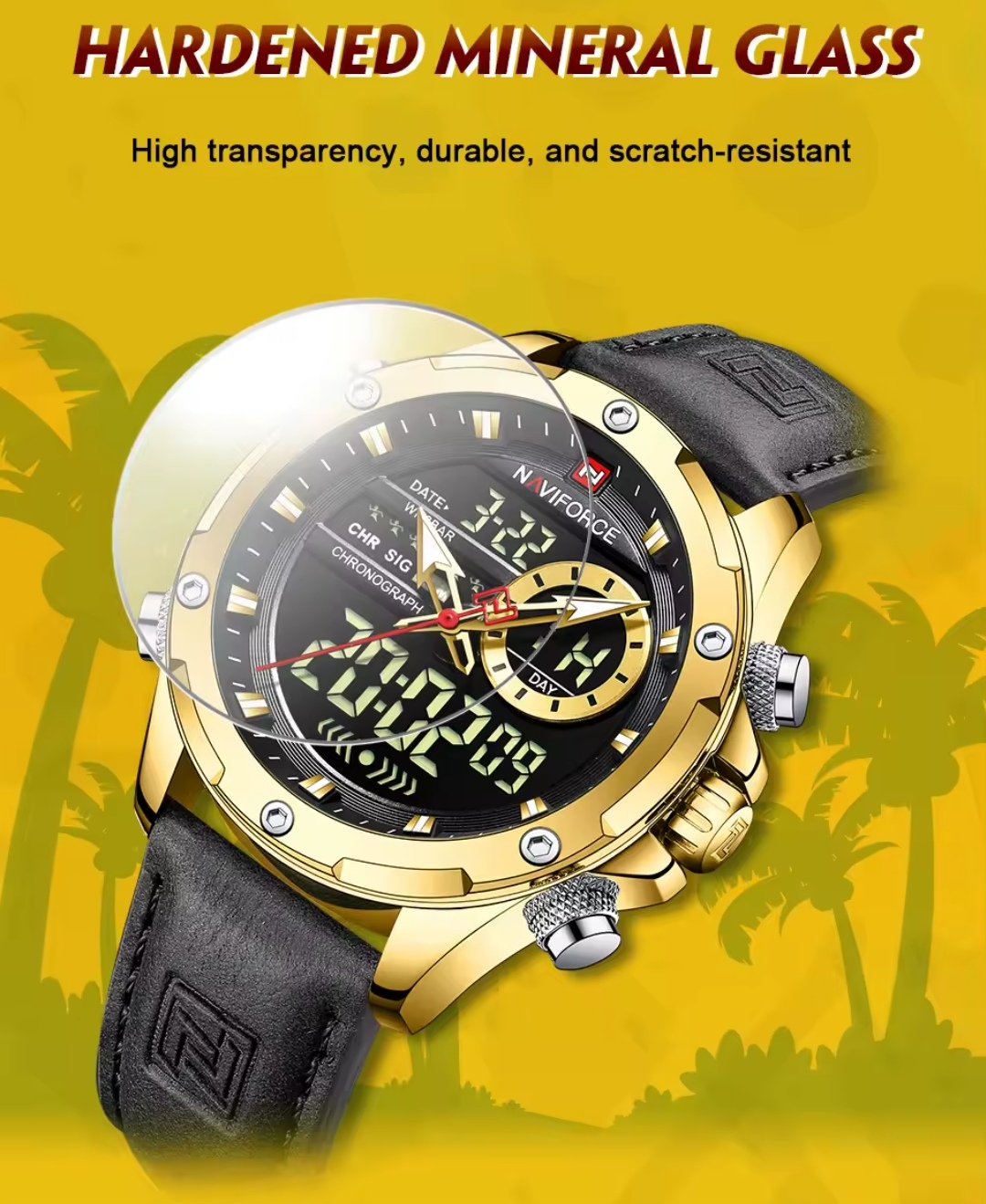 Naviforce 9208 Two Time Gents Belt Watch- Black Dial- Golden Bezel- Black Belt- TF Code NF930BM_img_7