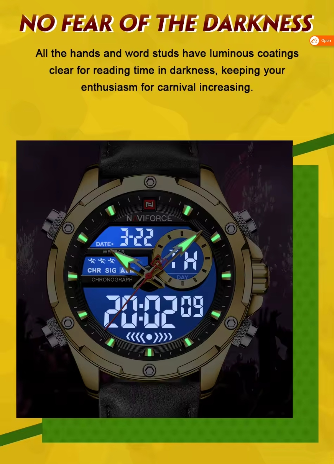 Naviforce 9208 Two Time Gents Belt Watch- Black Dial- Golden Bezel- Black Belt- TF Code NF930BM_img_8