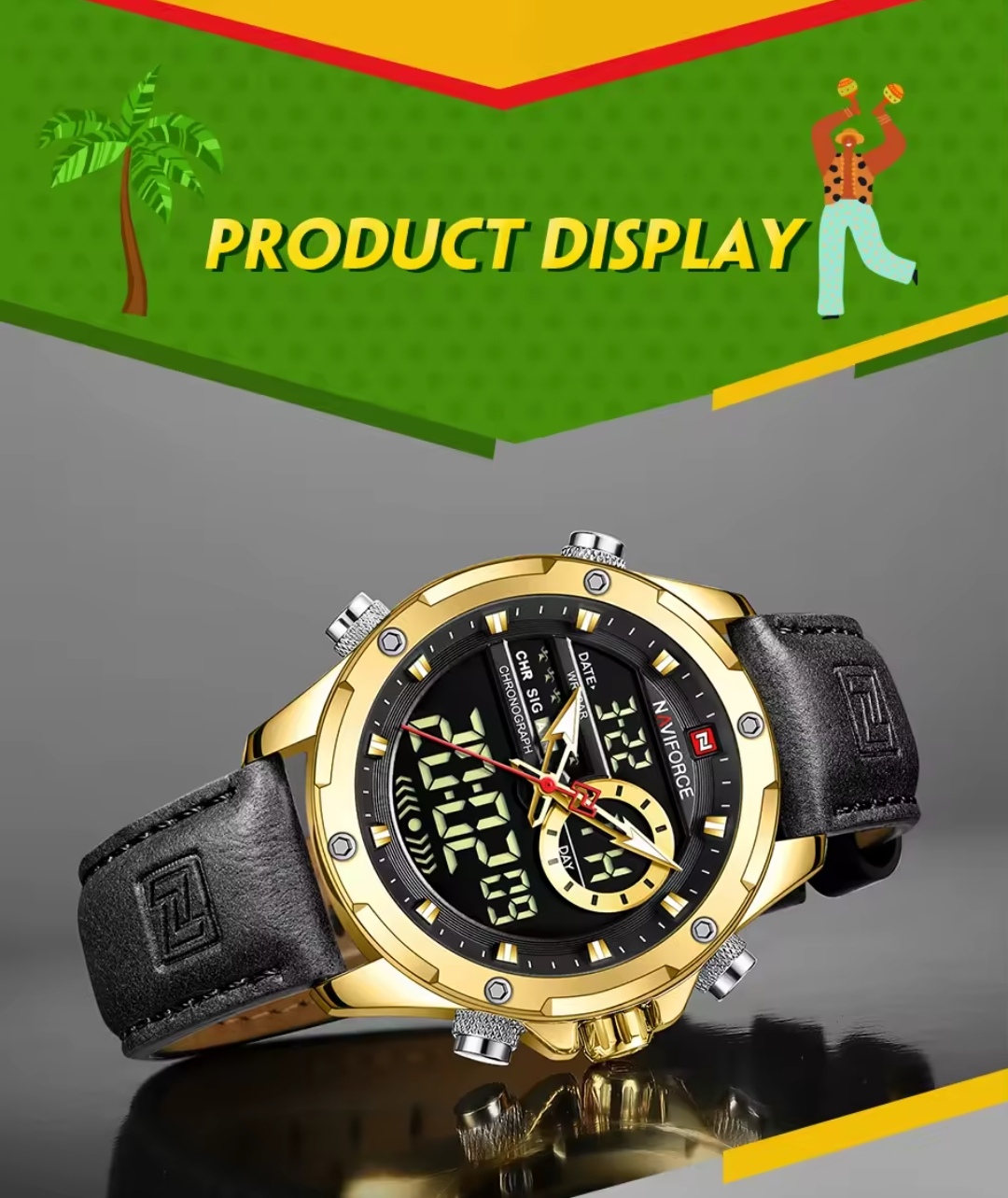 Naviforce 9208 Two Time Gents Belt Watch- Black Dial- Golden Bezel- Black Belt- TF Code NF930BM_img_10