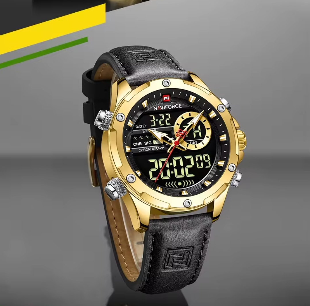 Naviforce 9208 Two Time Gents Belt Watch- Black Dial- Golden Bezel- Black Belt- TF Code NF930BM_img_11