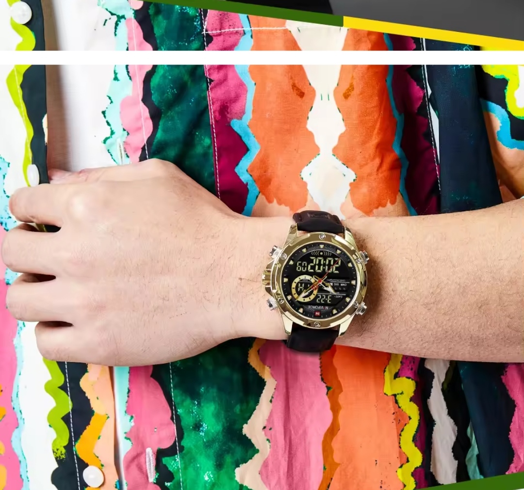 Naviforce 9208 Two Time Gents Belt Watch- Black Dial- Golden Bezel- Black Belt- TF Code NF930BM_img_12