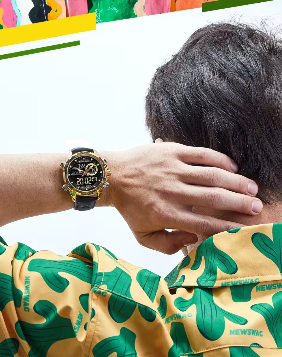 Naviforce 9208 Two Time Gents Belt Watch- Black Dial- Golden Bezel- Black Belt- TF Code NF930BM_img_13